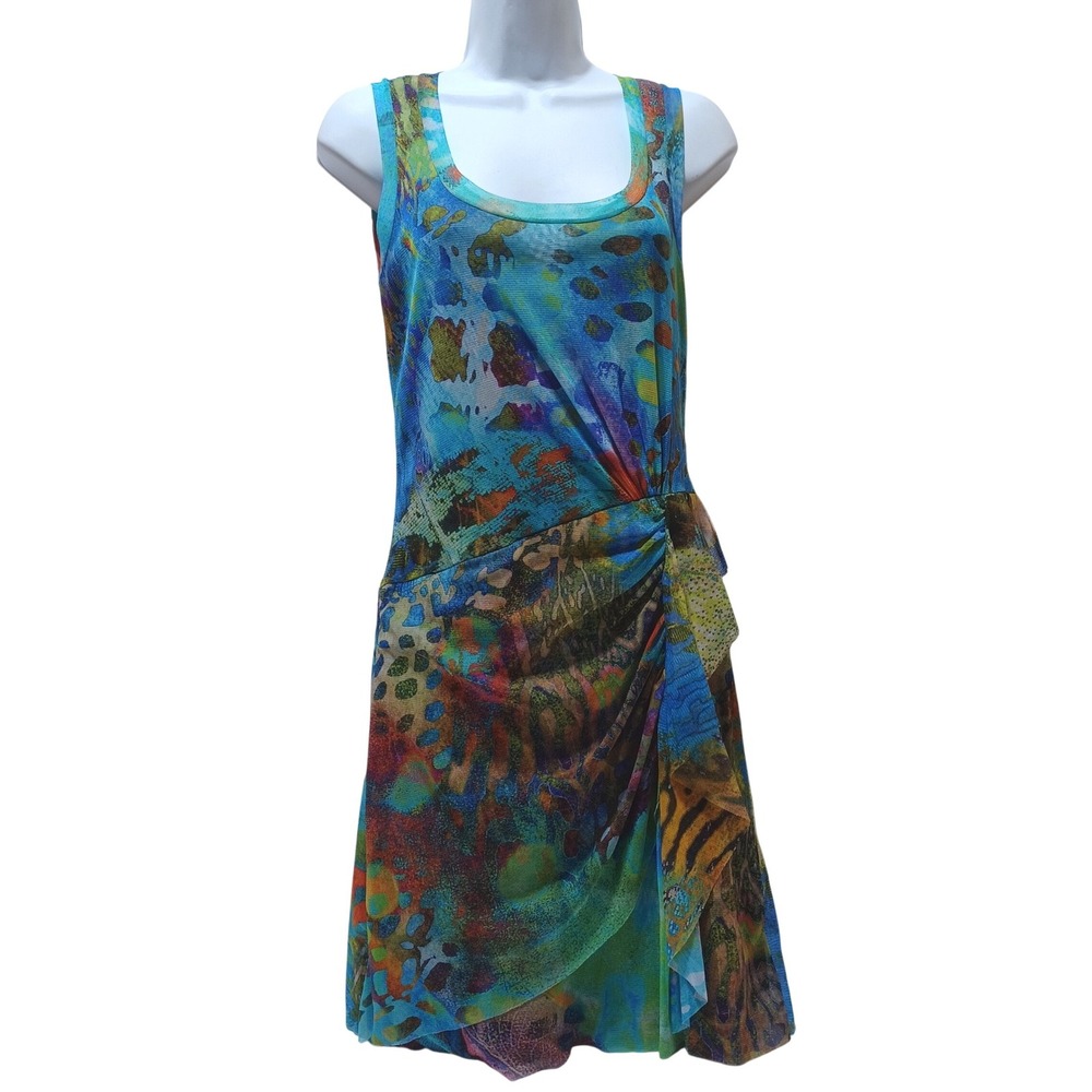 Elana Kattan Mesh Faux‎ Wrap Dress M Stretch Colorful Artsy Abstract Eclectic
